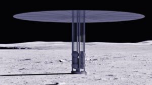 Illustrazione ad alto contrasto in tonalità viola di un sistema di energia da fissione sulla superficie della Luna