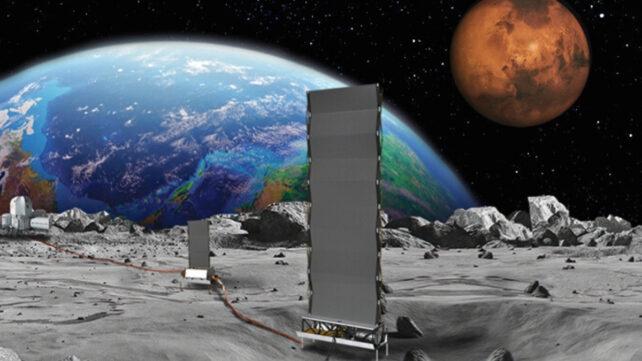Un'immagine concettuale del Progetto di Energia da Fissione sulla Superficie Lunare. La Terra e Marte possono essere visti sullo sfondo. La superficie lunare è grigia e rocciosa.