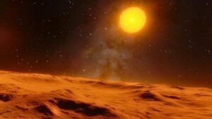 Illustrazione di una stella arancione sopra un pianeta rosso polveroso