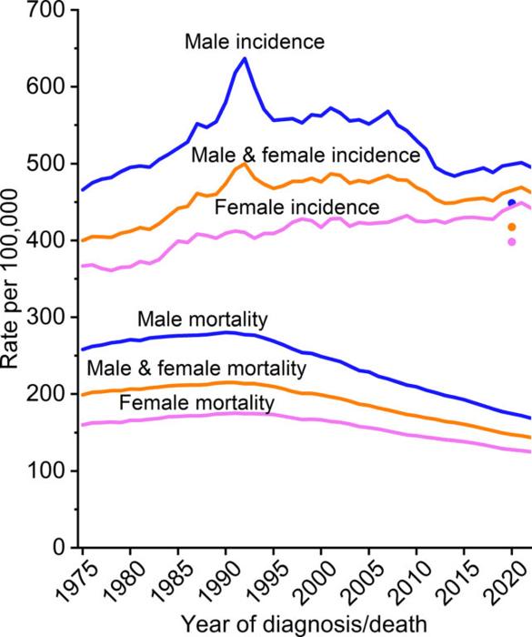 Un grafico che rappresenta i tassi di cancro e i decessi