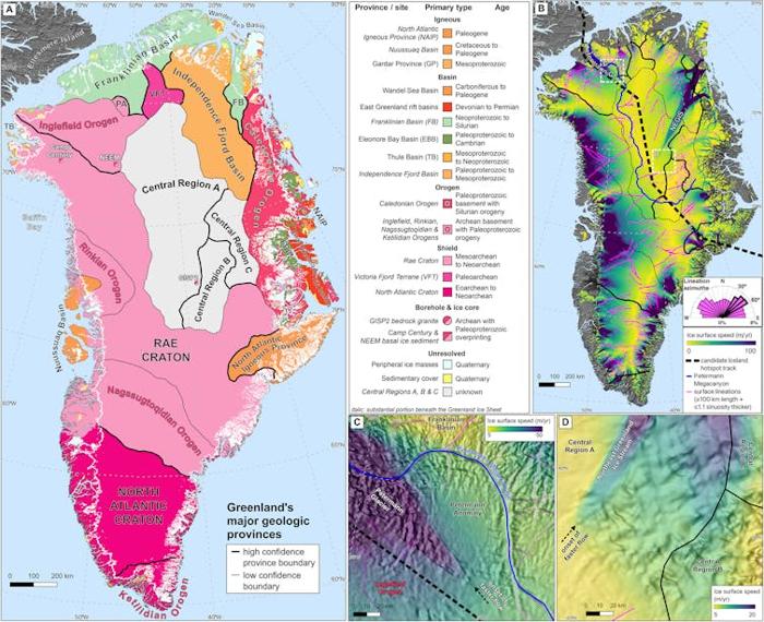 Mappa delle principali province geologiche della Groenlandia con i loro tipi di roccia.
