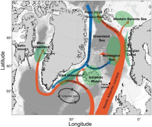 una mappa che mostra le principali correnti nell'Atlantico settentrionale