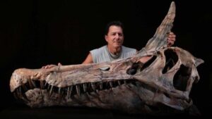 un ritratto in studio, sfondo nero, di un uomo bianco di mezza età con capelli neri in una maglietta grigia senza maniche e una catena che sta dietro a un enorme cranio di dinosauro. il cranio ha un muso lungo, denti aguzzi e sulla fronte, una cresta appuntita di osso.