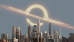 buco nero sopra lo skyline di una città