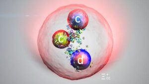 Una sfera di colore pallido con bordi rossi luminosi. Tre sfere più piccole sono raffigurate al suo interno, contenenti le lettere minuscole c, c e d