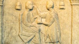 Un'antica iscrizione in pietra di due persone