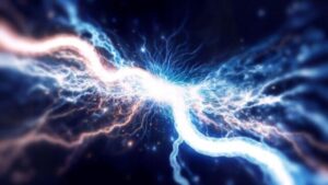 Illustrazione di linee ondulate bianche tinte di rosso e blu che emanano da uno sfondo nero per rappresentare un impulso di energia.