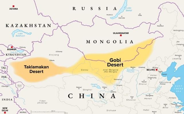 mappa della Cina che mostra il deserto di Taklamakan