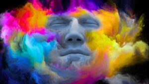 Un volto umano astratto con gli occhi chiusi, fuso con colori vivaci