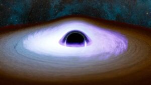Un'illustrazione di un buco nero con un cerchio scuro circondato da dischi luminosi