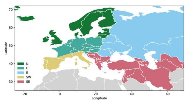 Una mappa dell'Europa e dell'Asia occidentale, con regioni contrassegnate in cinque colori. I paesi vanno dall'Islanda e dalla Russia a nord fino alla Spagna e all'Iran a sud