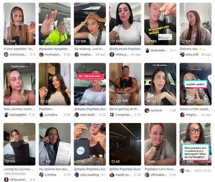 Griglia di miniature di video TikTok che promuovono peptidi per l'anti-invecchiamento.
