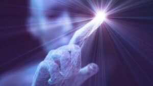 Illustrazione digitale di una figura di intelligenza artificiale umanoide che si avvicina a un punto luminoso.