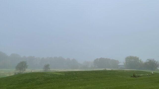 La nebbia avvolge un campo verde e alberi lontani in un paesaggio rurale, con un piccolo edificio parzialmente oscurato sullo sfondo.