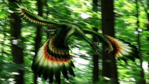 Illustrazione di un dinosauro verde volante con ali piumate in una foresta.