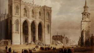 Disegno di una grande cattedrale con persone in piedi davanti.