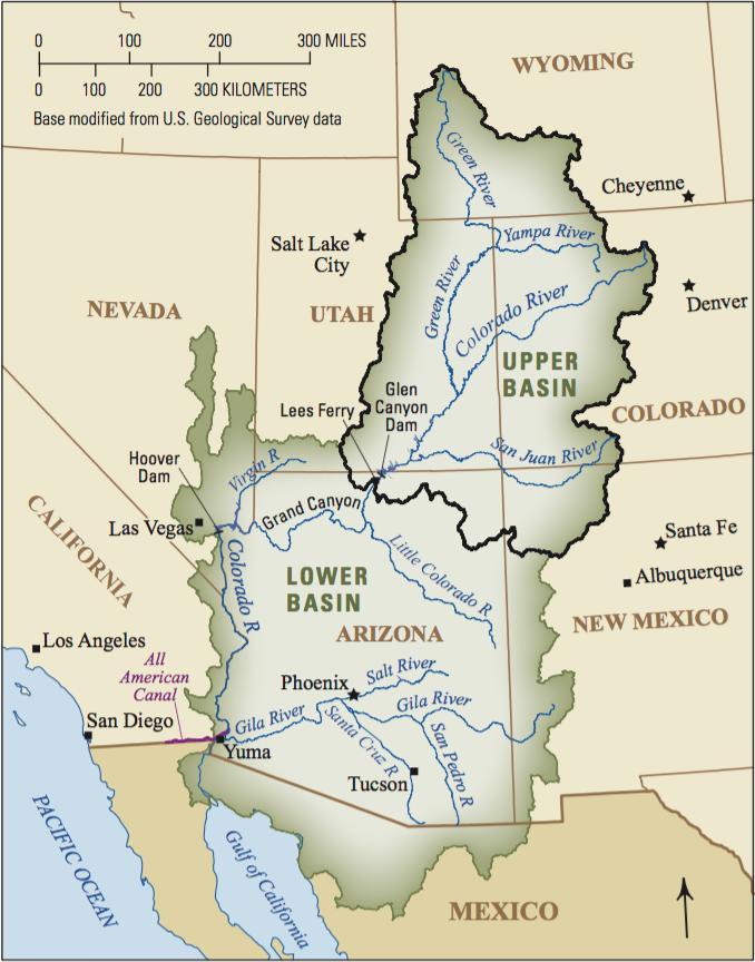 Mappa delle regioni del bacino superiore e inferiore del bacino del fiume Colorado.