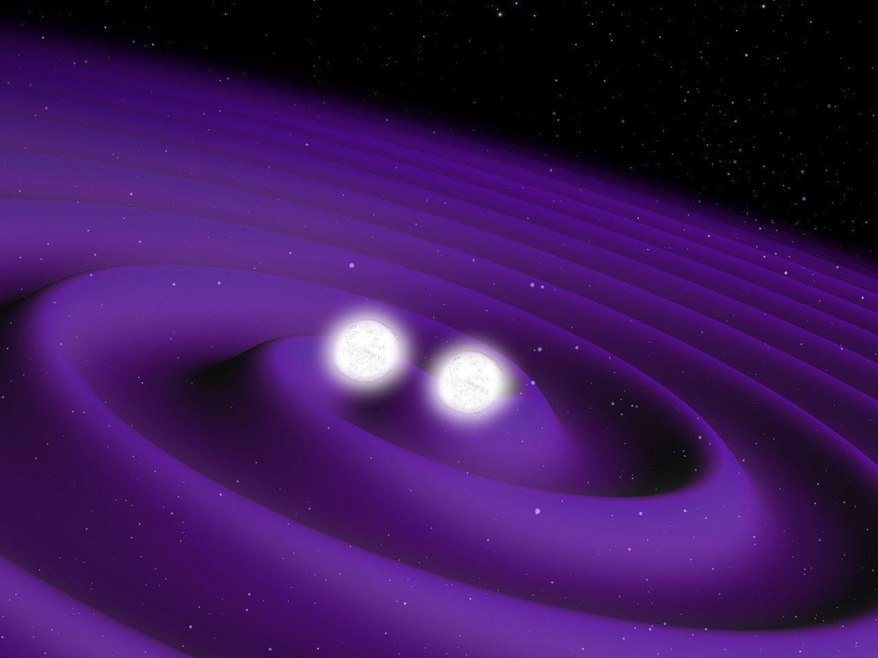 Due stelle bianche orbitano l’una attorno all’altra, con vortici viola sulla loro superficie