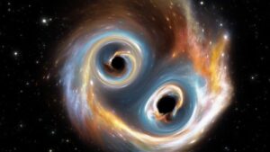 Immagine concettuale che mostra un buco nero che si divide in due buchi neri.