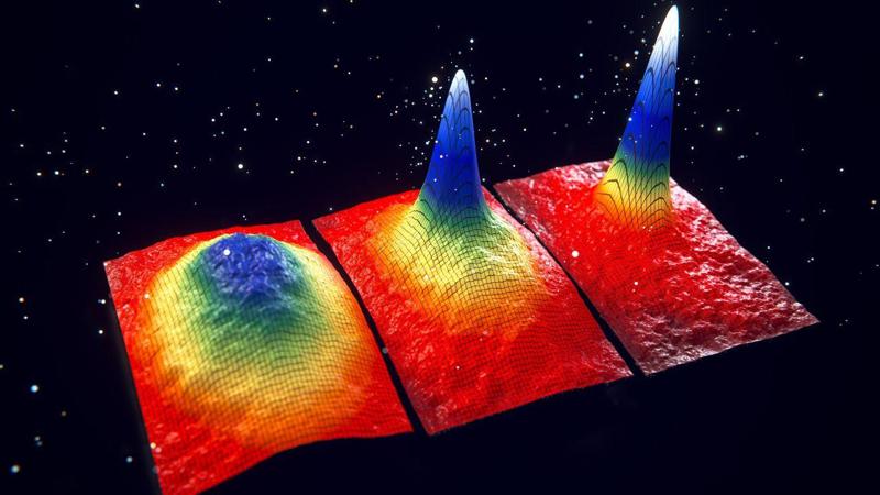 None Tre mappe tridimensionali che mostrano picchi di diversi colori su uno sfondo nero