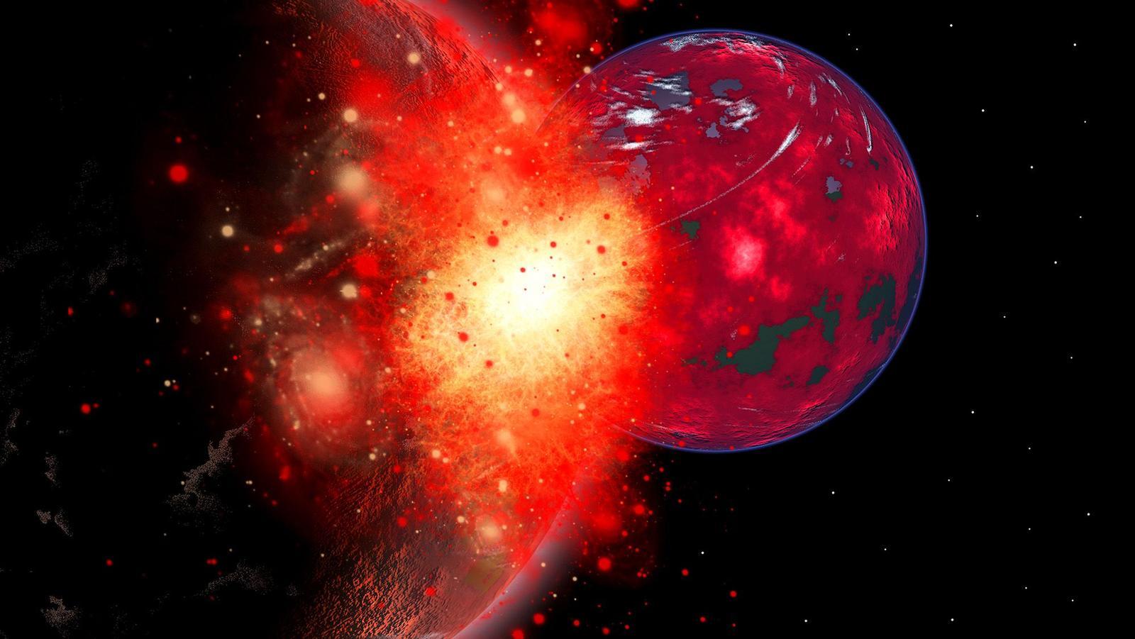 Illustrazione di due sfere luminose che si scontrano nello spazio profondo.