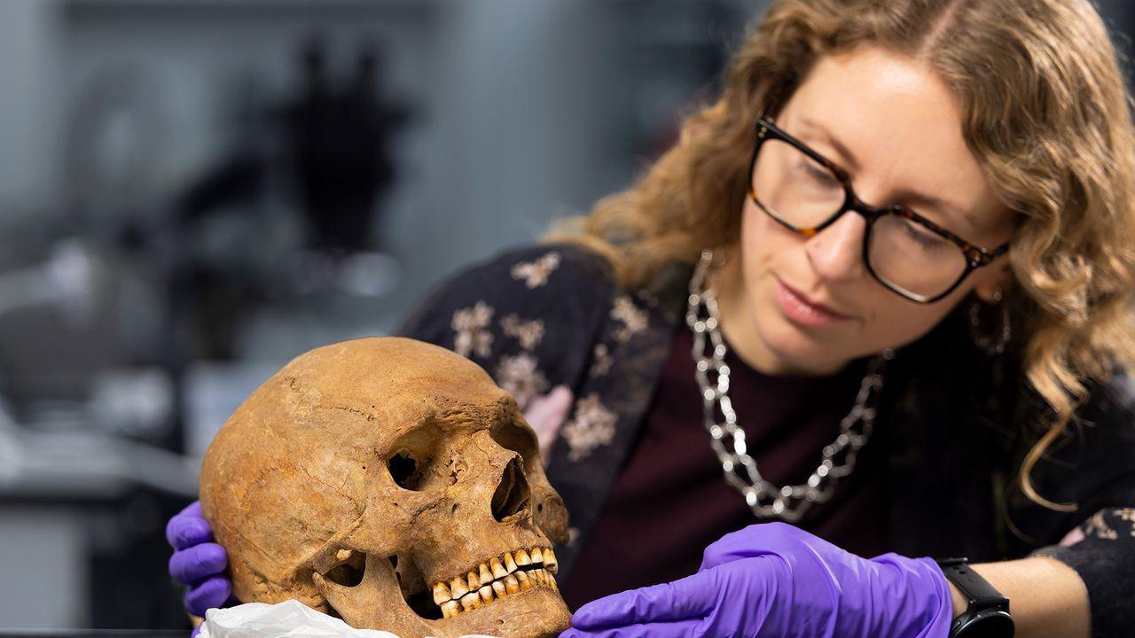 Una donna con gli occhiali e guanti viola in lattice guarda un cranio umano marrone.