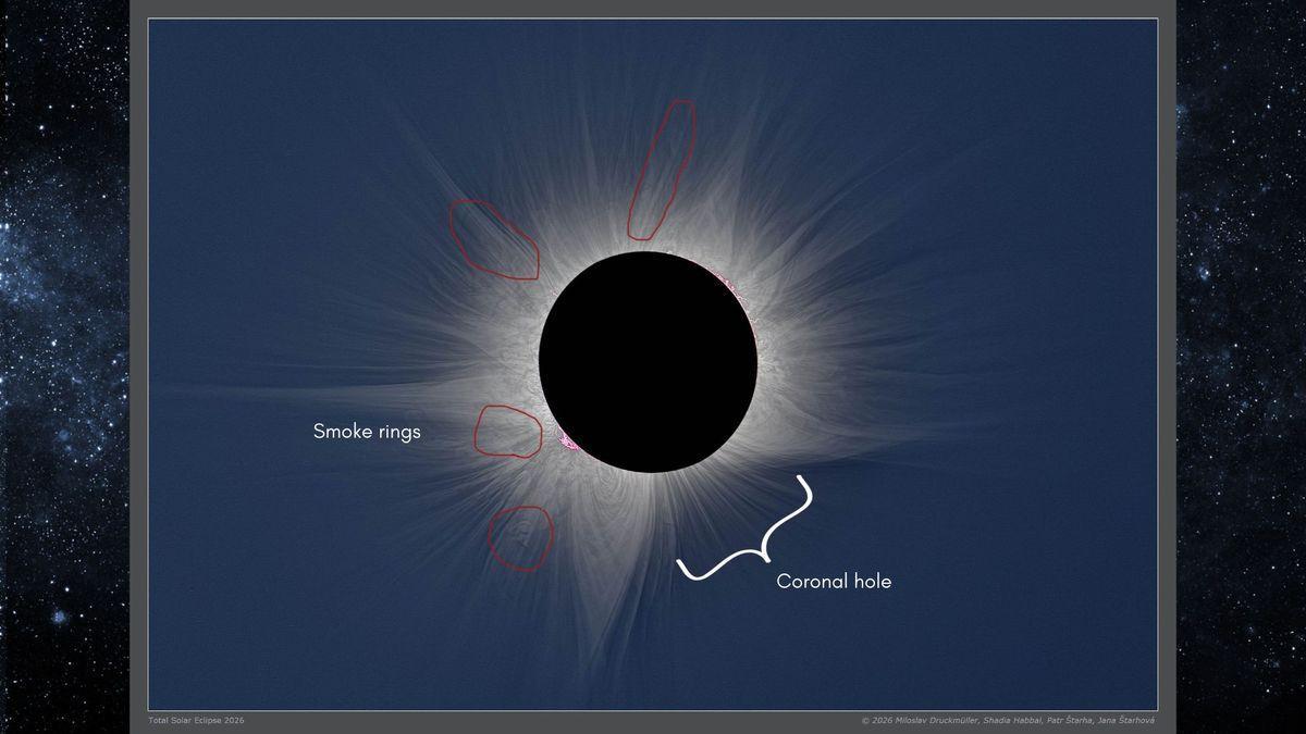 Primo piano di un’eclissi solare totale: grandi pennacchi bianchi si allungano dal Sole; questa è la corona solare.