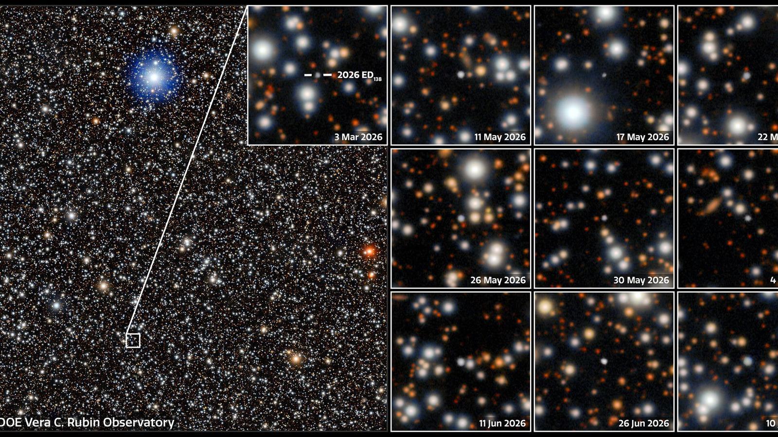 Un mosaico di immagini riprese dal NSF–DOE Vera C. Rubin Observatory del candidato pianeta nano 2026 ED138 (ED138), scoperto di recente.