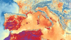 Un’immagine termica multicolore dell’Europa meridionale che mostra le alte temperature in tutto il continente