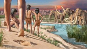 Ricostruzione artistica di esseri umani accanto a un lago con mammut nel White Sands National Park.