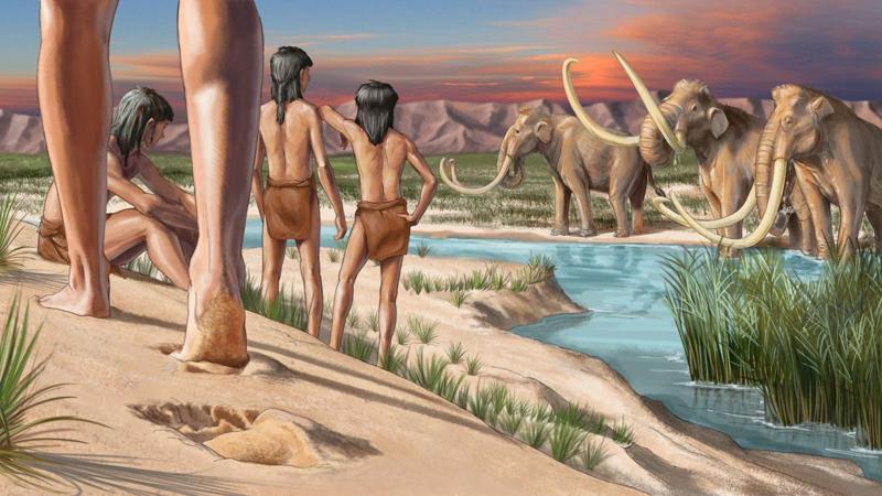 Ricostruzione artistica di esseri umani accanto a un lago con mammut nel White Sands National Park.