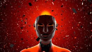 Una maschera meccanica è retroilluminata da una luce rossa, con coriandoli sullo sfondo.
