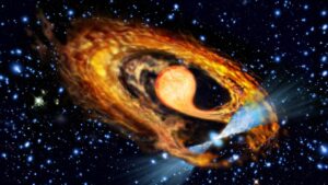 Illustrazione di un anello luminoso accanto a una stella bianca nello spazio.
