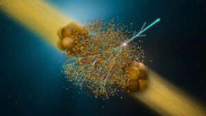 Questa immagine mostra getti opposti prodotti nel plasma di quark e gluoni che si forma quando due nuclei di ossigeno collidono al Relativistic Heavy Ion Collider (RHIC).