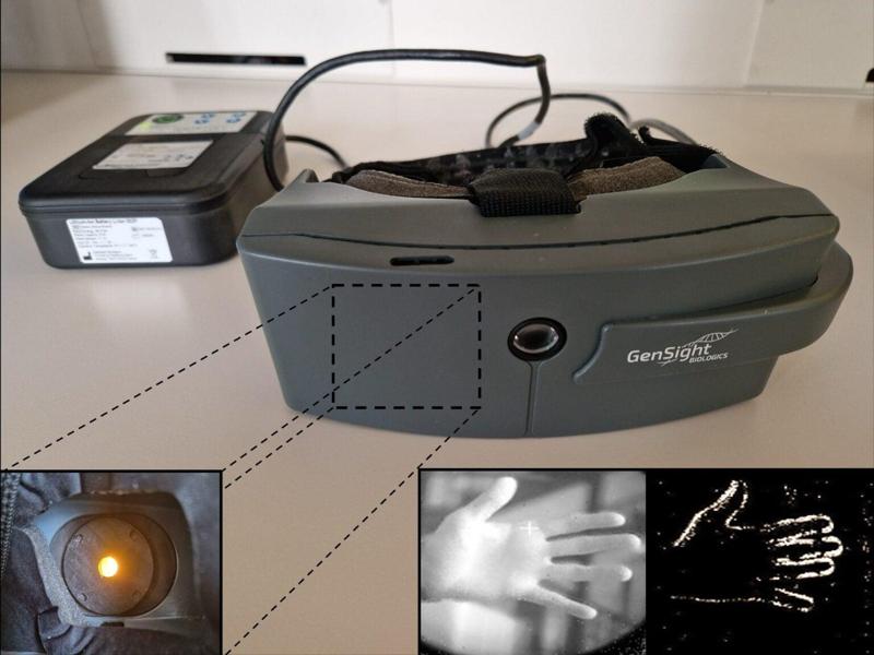 None Occhiali speciali collegati a un processore portatile, con immagini riquadrate che mostrano il proiettore e la conversione dell’immagine di una mano in uno schema luminoso